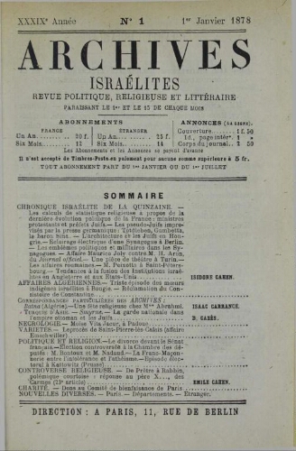 Archives israélites de France. Vol.39 N°01 (01 janv. 1878)